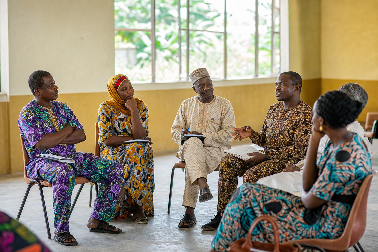 Nigerian adults listening to one another in a community circle with notebooks.