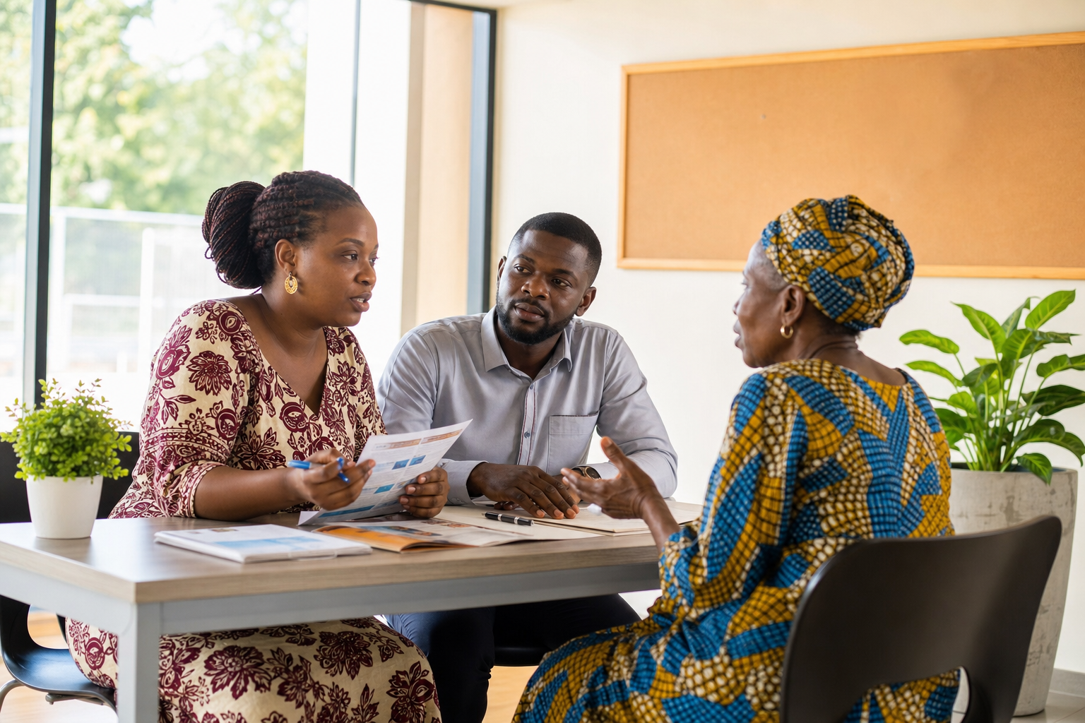 Nigerian community members reviewing information together at a welcoming desk.