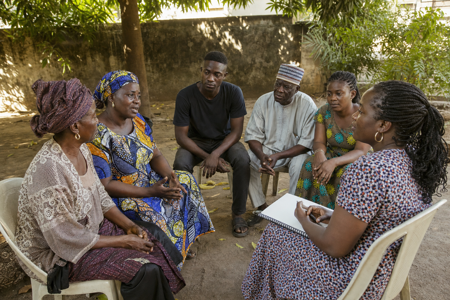 Nigerian adults sharing an attentive conversation in a shaded listening circle.
