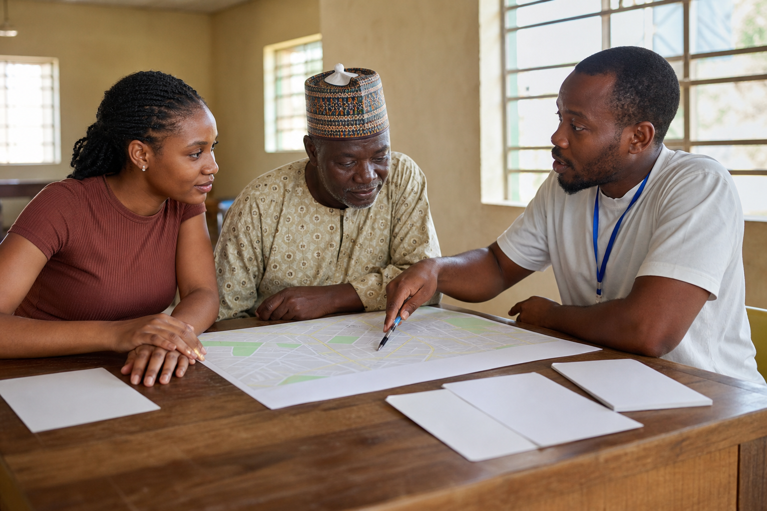 Nigerian adults and a community guide discussing practical options around a table.