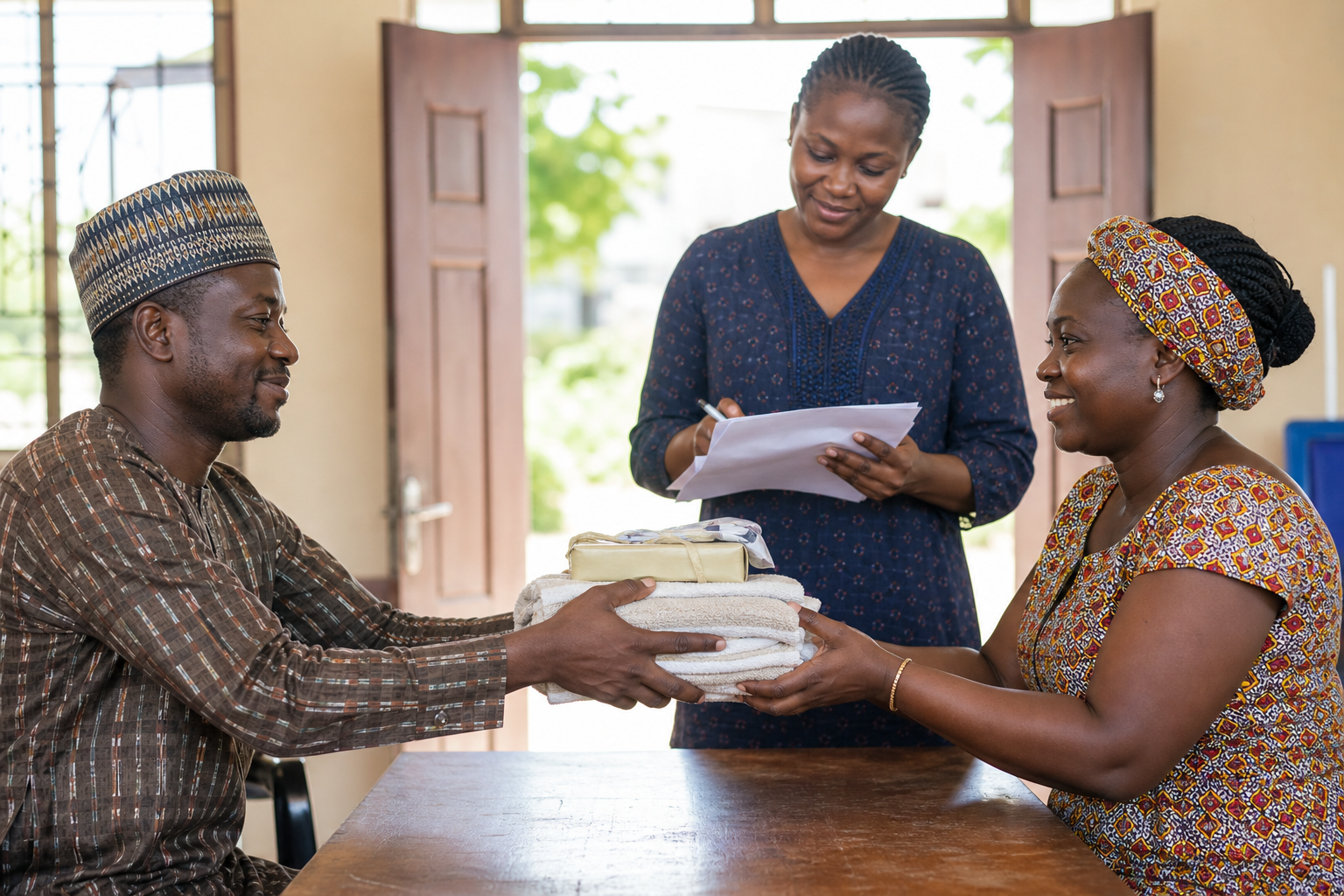 Nigerian adults respectfully exchanging a practical household support parcel.